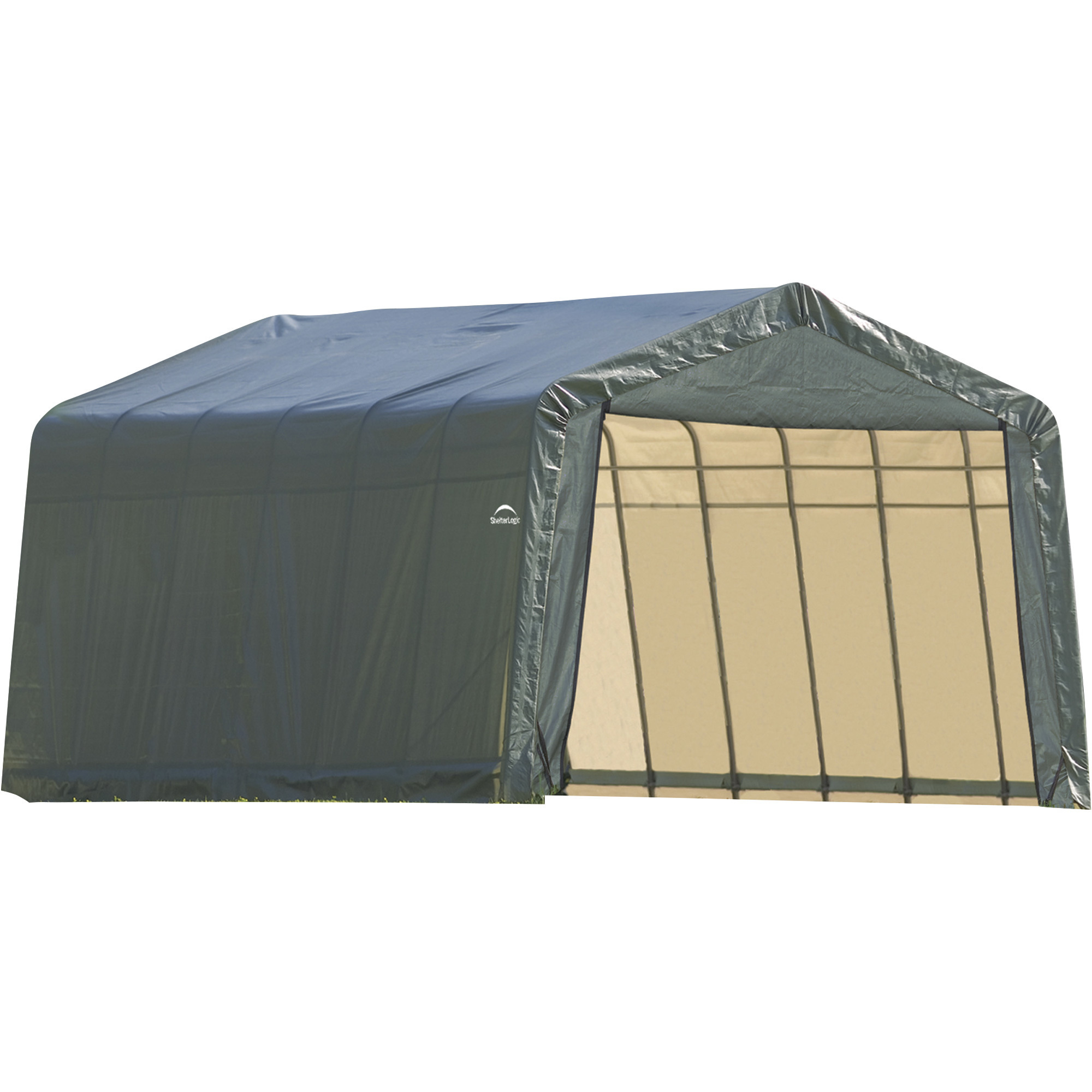 ShelterLogic Peak Style Garage/Storage Shelter, Green, 28ft.L x 13ft.W x 10ft.H, 2 3/8in. Frame, Model# 90244
